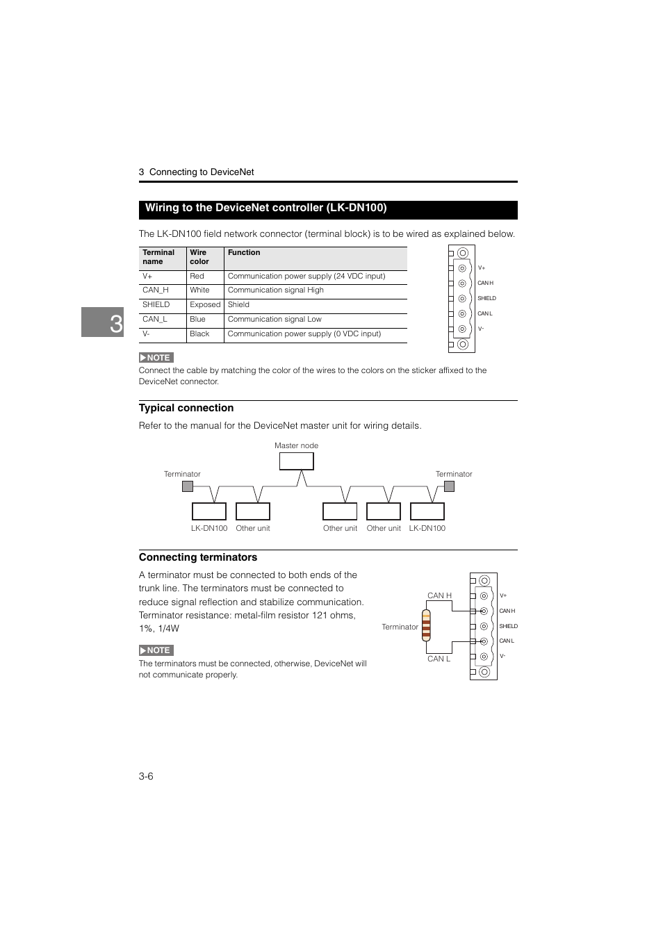 Wiring to the devicenet controller (lk-dn100), Wiring to the devicenet controller, Lk-dn100) -6 | Typical connection, Connecting terminators | KEYENCE LK-CC100/DN100 User Manual | Page 42 / 72
