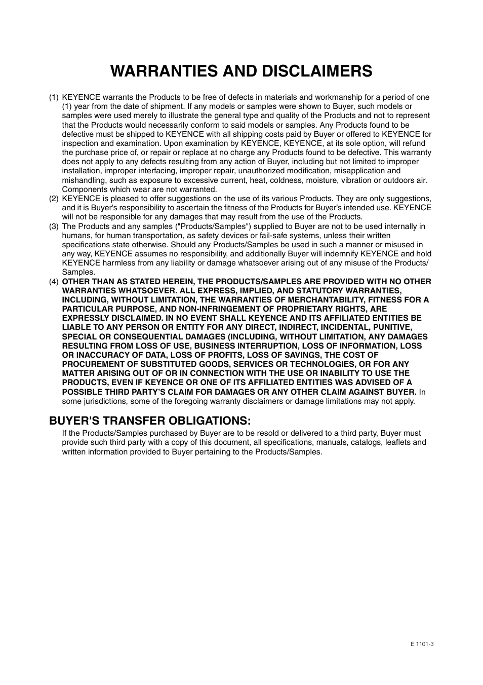 Warranties and disclaimers, Buyer's transfer obligations | KEYENCE LK-CC100/DN100 User Manual | Page 71 / 72