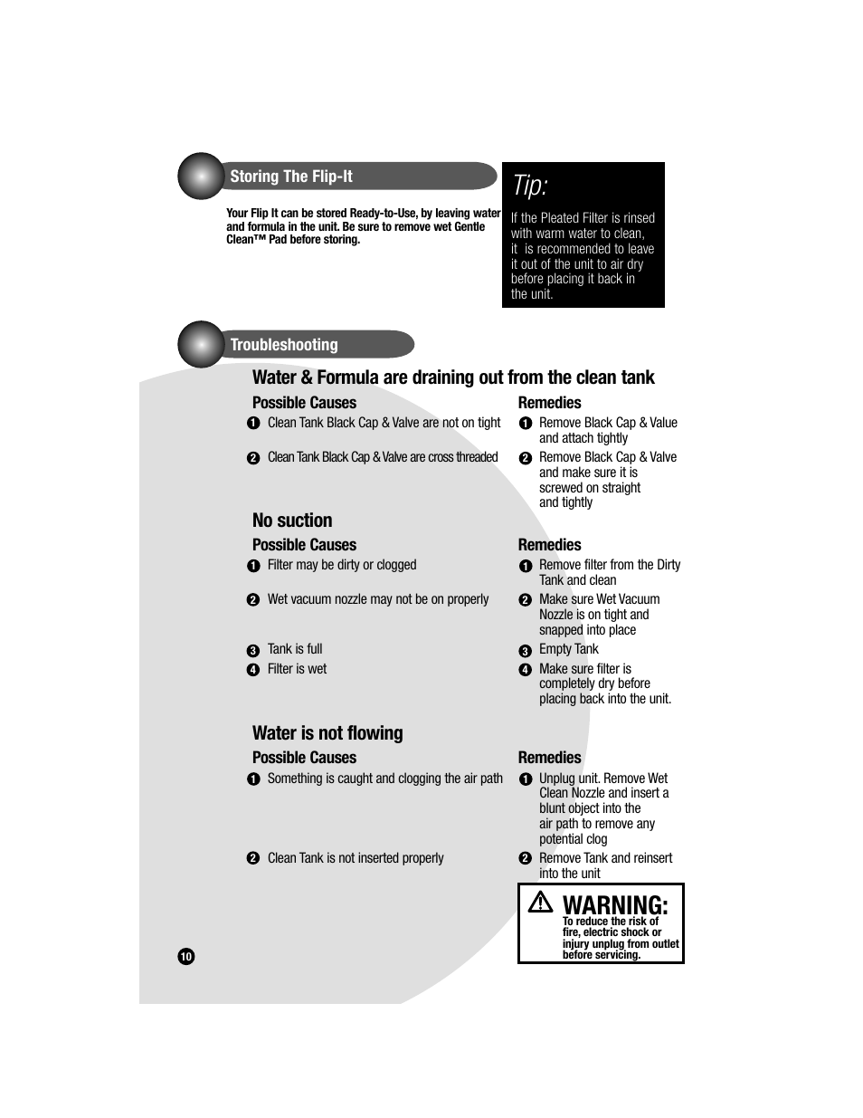 Warning, No suction, Water is not flowing | Bissell FLIP-IT 5200 User Manual | Page 10 / 12