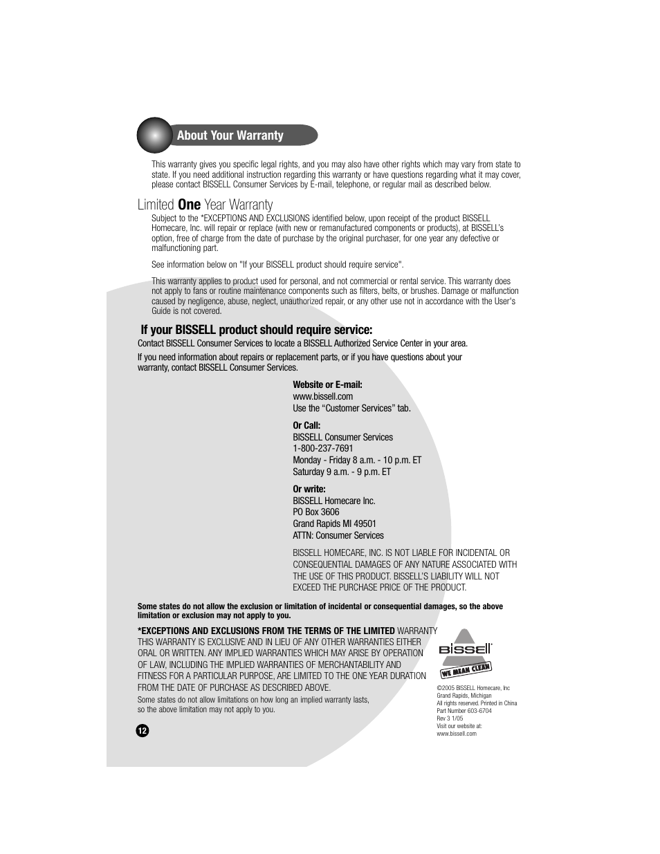 Limited one year warranty | Bissell FLIP-IT 5200 User Manual | Page 12 / 12