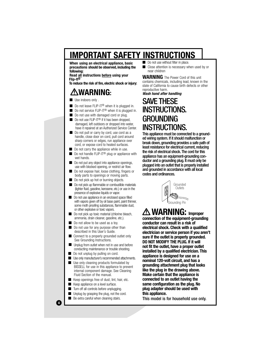 Important safety instructions, Warning, Save these instructions. grounding instructions | Bissell FLIP-IT 5200 User Manual | Page 4 / 12