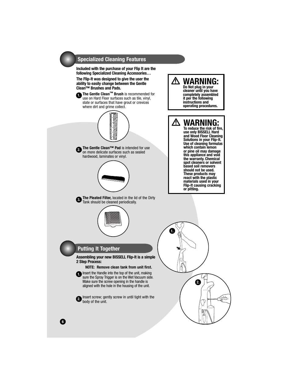 Warning | Bissell FLIP-IT 5200 User Manual | Page 6 / 12