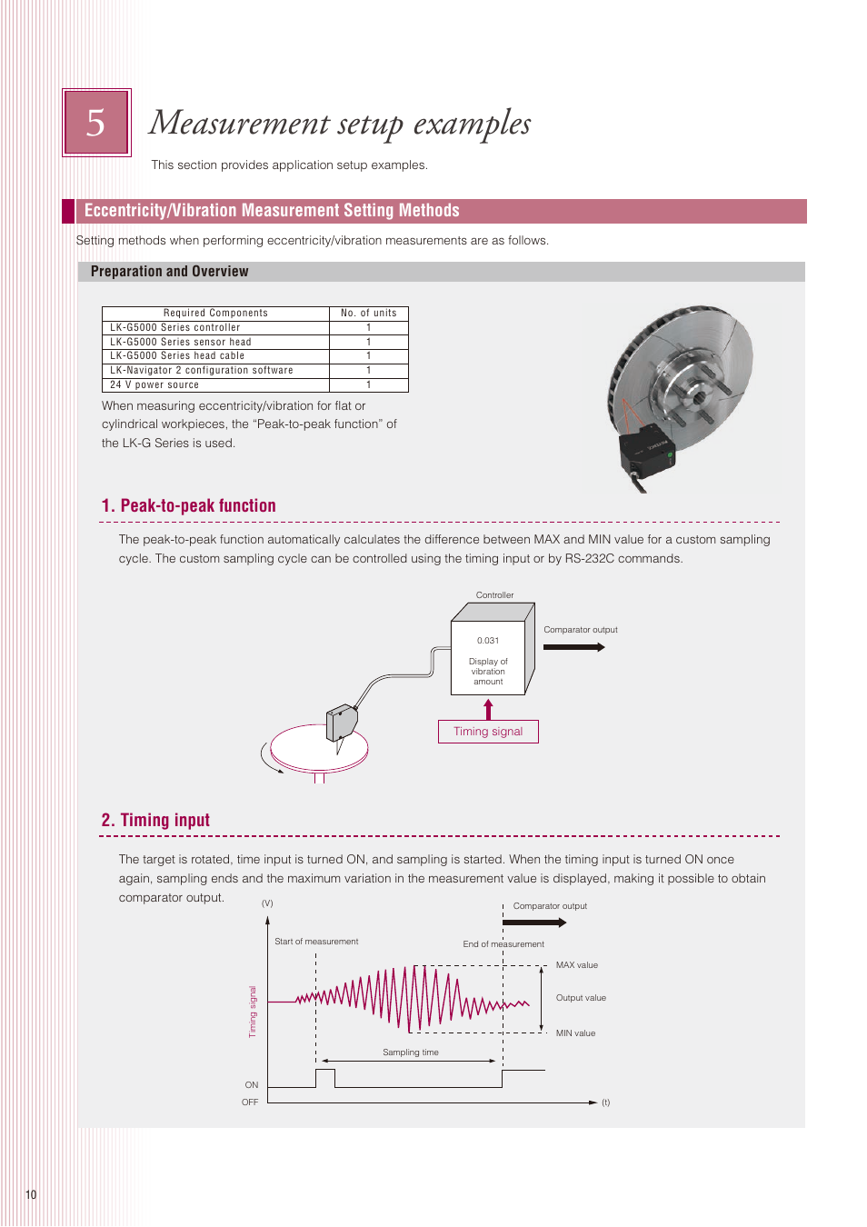 Measurement setup examples, Eccentricity/vibration measurement setting methods, Peak-to-peak function 2. timing input | KEYENCE LK-G5000 Series User Manual | Page 10 / 24