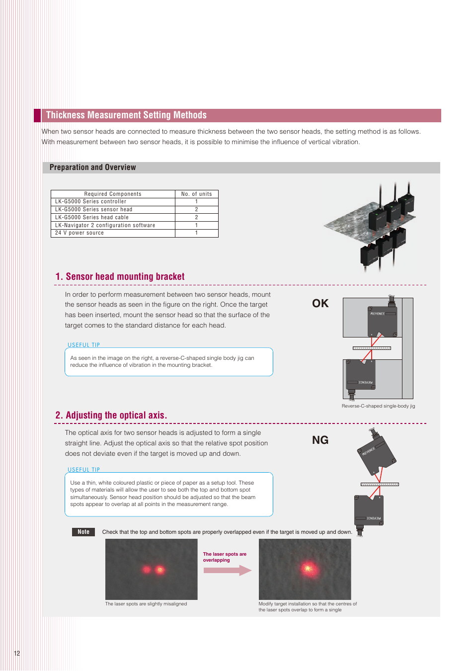 Ok ng, Thickness measurement setting methods, Preparation and overview | KEYENCE LK-G5000 Series User Manual | Page 12 / 24