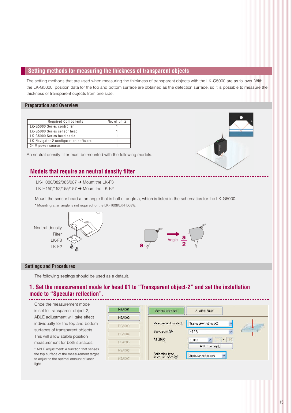 Models that require an neutral density filter | KEYENCE LK-G5000 Series User Manual | Page 15 / 24