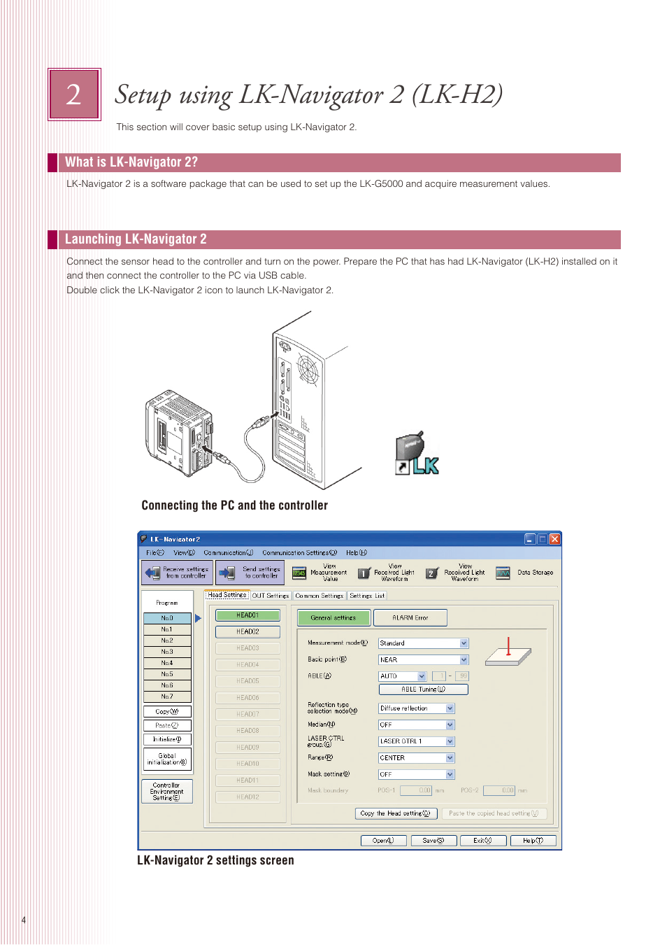 Setup using lk-navigator 2 (lk-h2) | KEYENCE LK-G5000 Series User Manual | Page 4 / 24