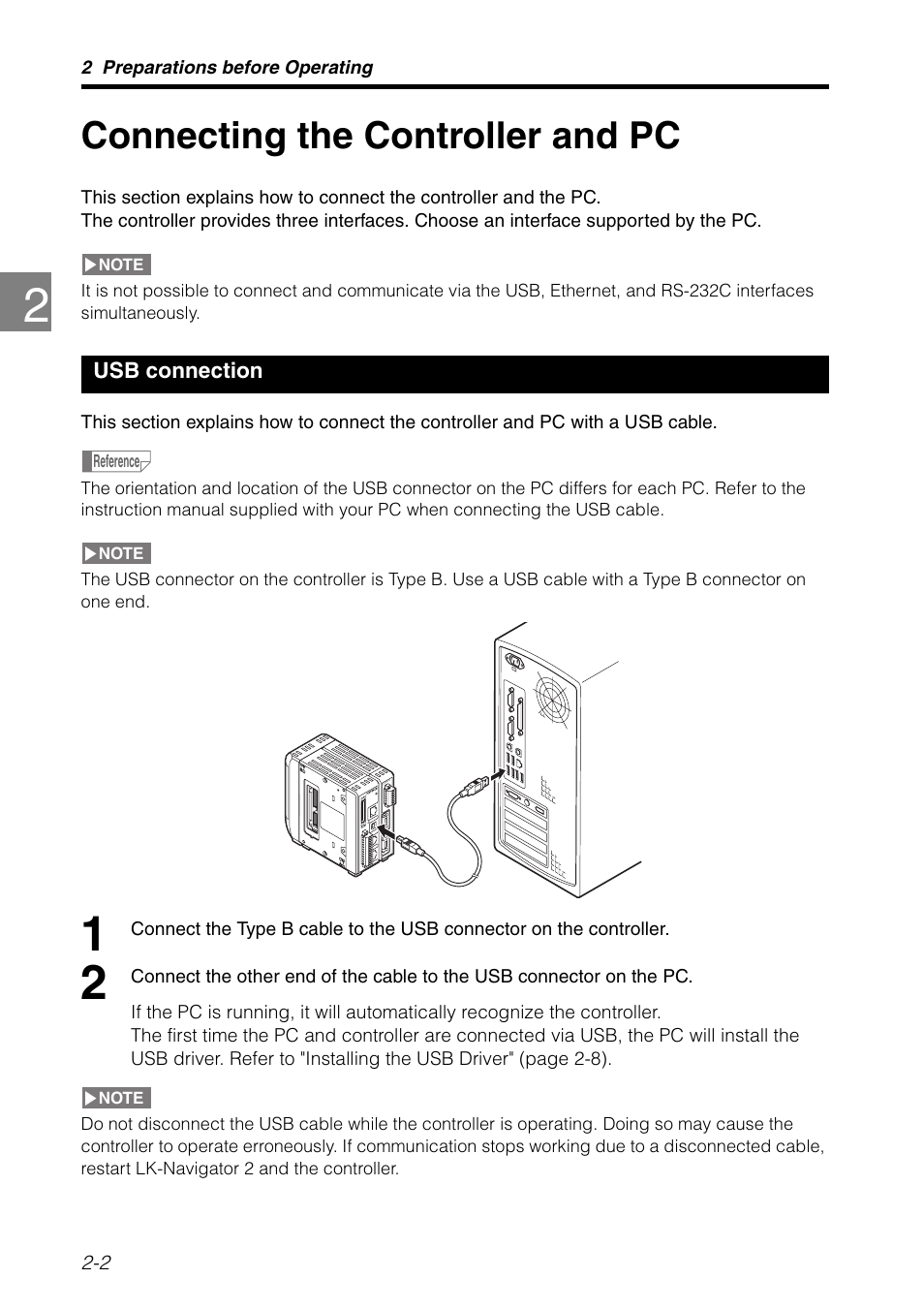 Connecting the controller and pc, Usb connection, Connecting the controller and pc -2 | Usb connection -2 | KEYENCE LK-H2 User Manual | Page 14 / 76
