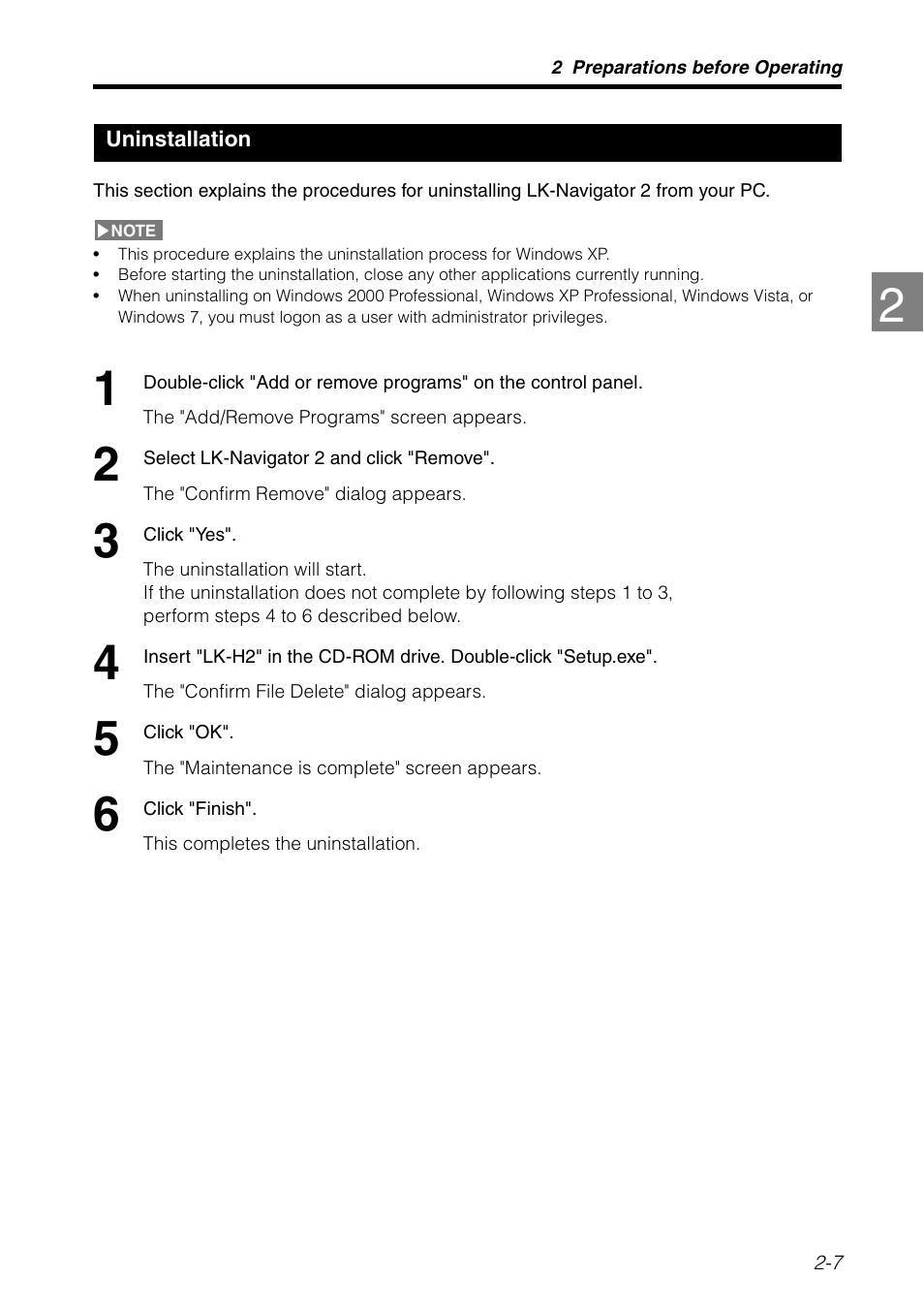Uninstallation, Uninstallation -7 | KEYENCE LK-H2 User Manual | Page 19 / 76