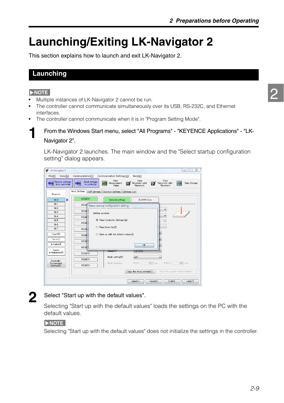 Launching/exiting lk-navigator 2, Launching, Launching/exiting lk-navigator 2 -9 | Launching -9 | KEYENCE LK-H2 User Manual | Page 21 / 76