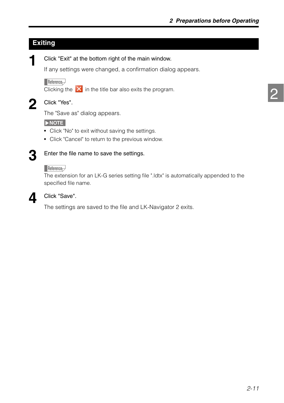 Exiting, Exiting -11 | KEYENCE LK-H2 User Manual | Page 23 / 76