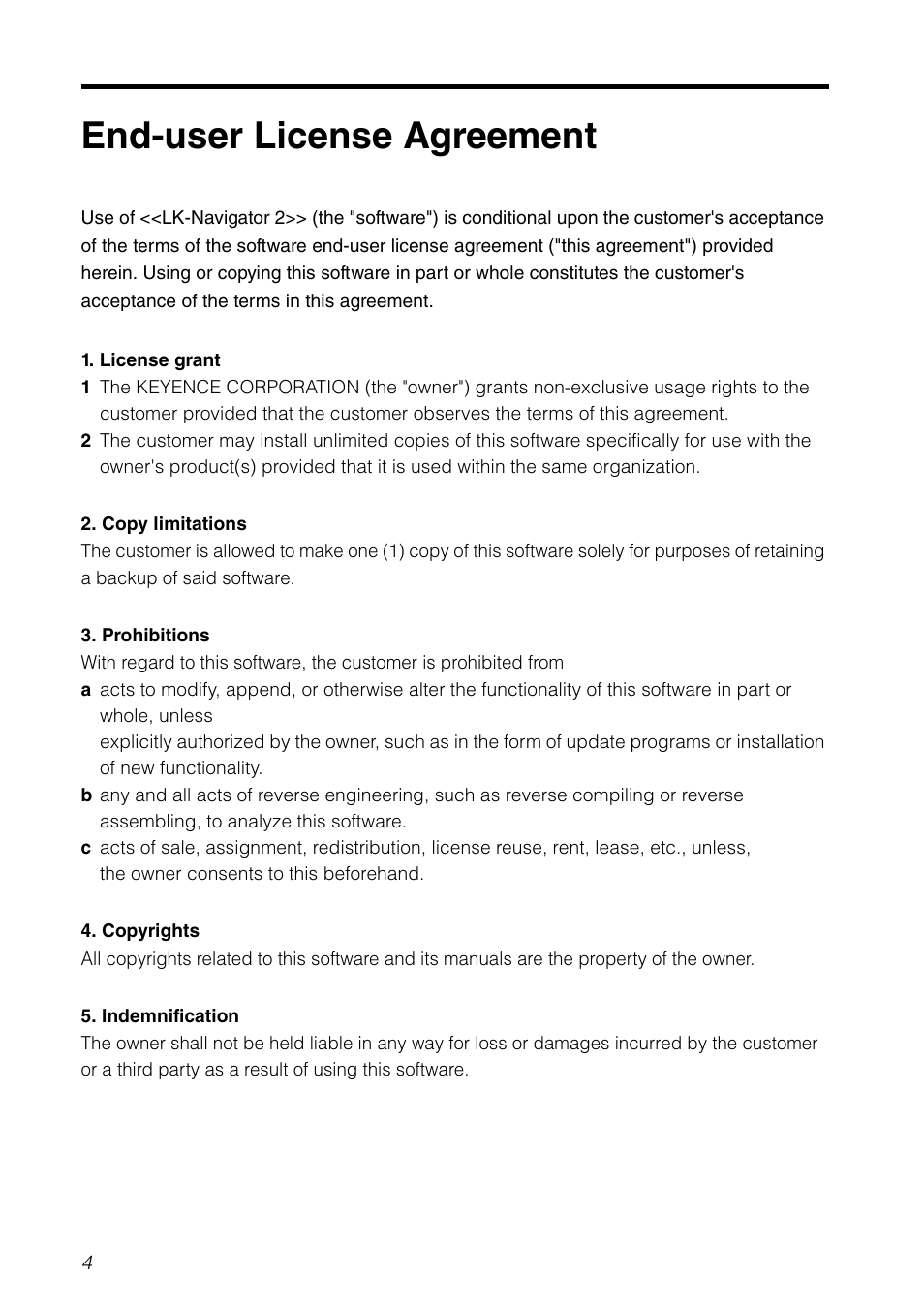 End-user license agreement | KEYENCE LK-H2 User Manual | Page 4 / 76