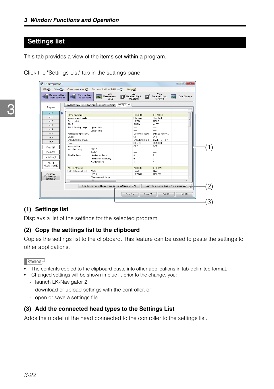Settings list, Settings list -22 | KEYENCE LK-H2 User Manual | Page 46 / 76
