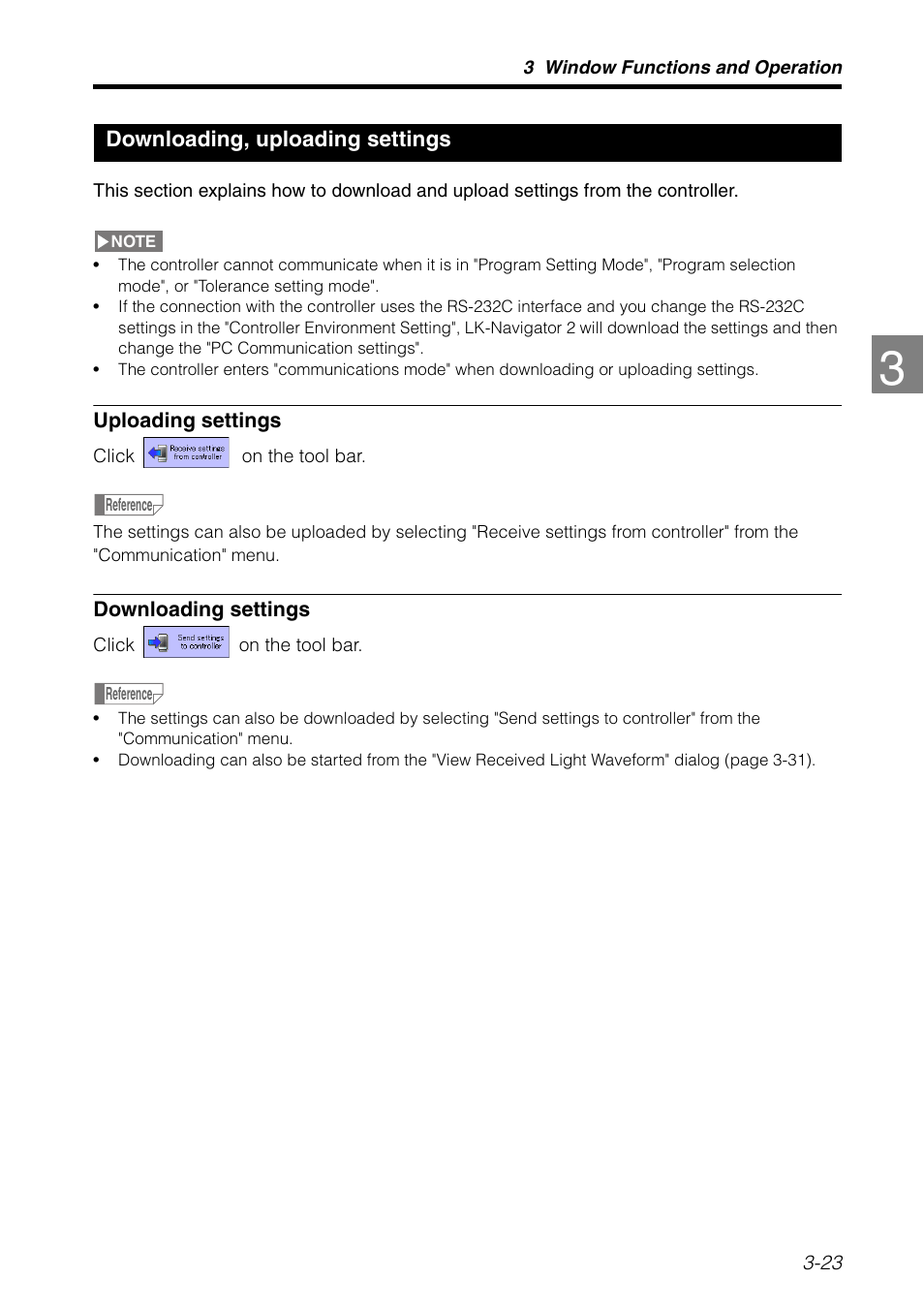 Downloading, uploading settings, Downloading, uploading settings 3-23 | KEYENCE LK-H2 User Manual | Page 47 / 76
