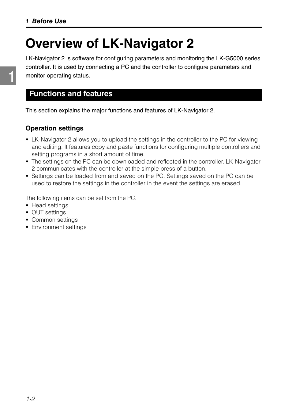 Overview of lk-navigator 2, Functions and features, Overview of lk-navigator 2 -2 | Functions and features -2 | KEYENCE LK-H2 User Manual | Page 8 / 76