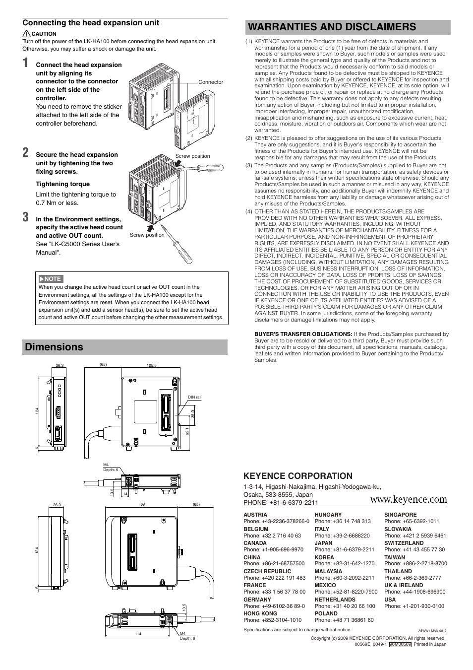 Connecting the head expansion unit, Dimensions, Warranties and disclaimers | Keyence corporation | KEYENCE LK-HA100 User Manual | Page 2 / 2