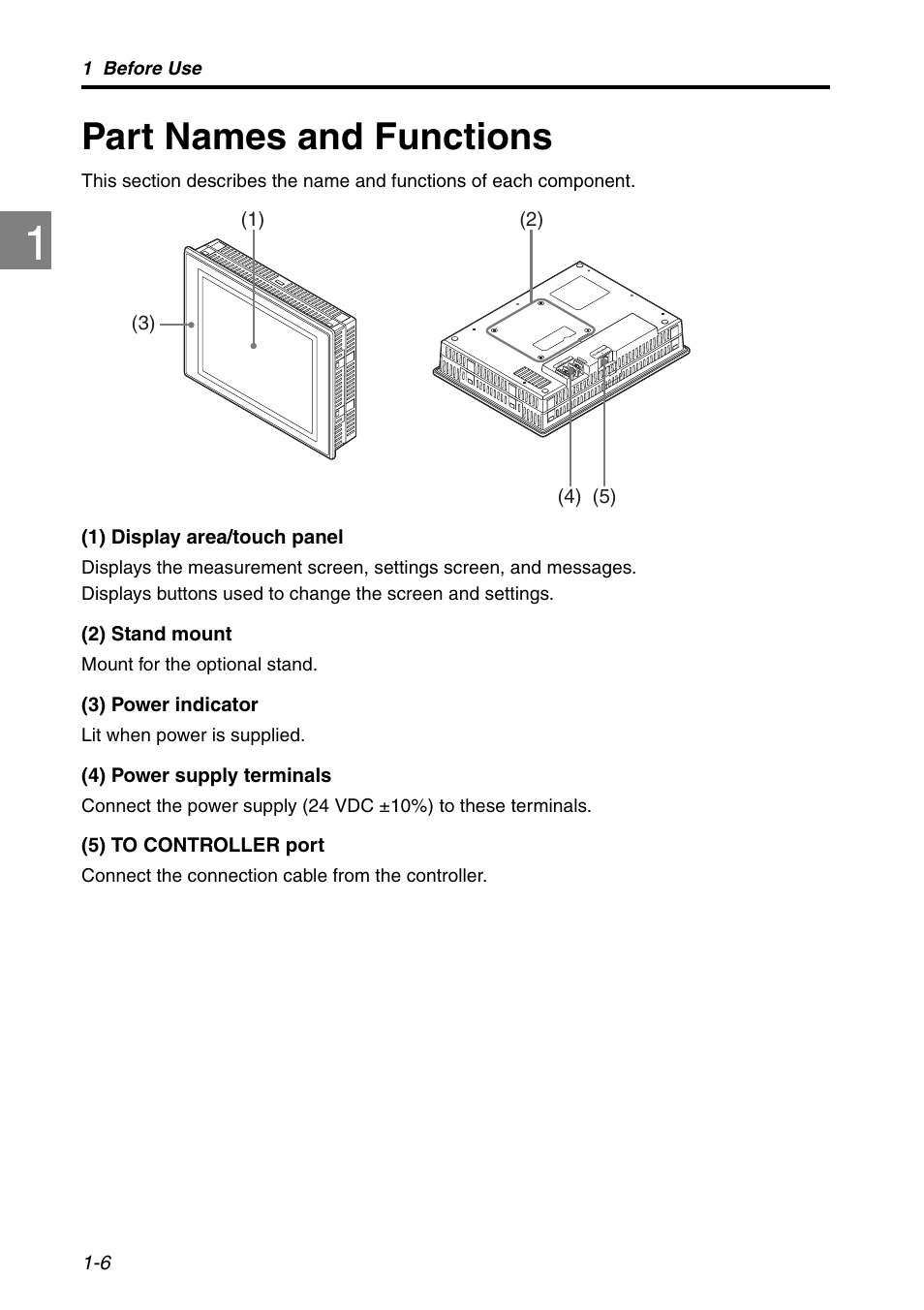 Part names and functions, Part names and functions -6, 1) display area/touch panel | 2) stand mount, 3) power indicator, 4) power supply terminals, 5) to controller port, 1 before use, Mount for the optional stand, Lit when power is supplied | KEYENCE LK-HD1001 User Manual | Page 12 / 62