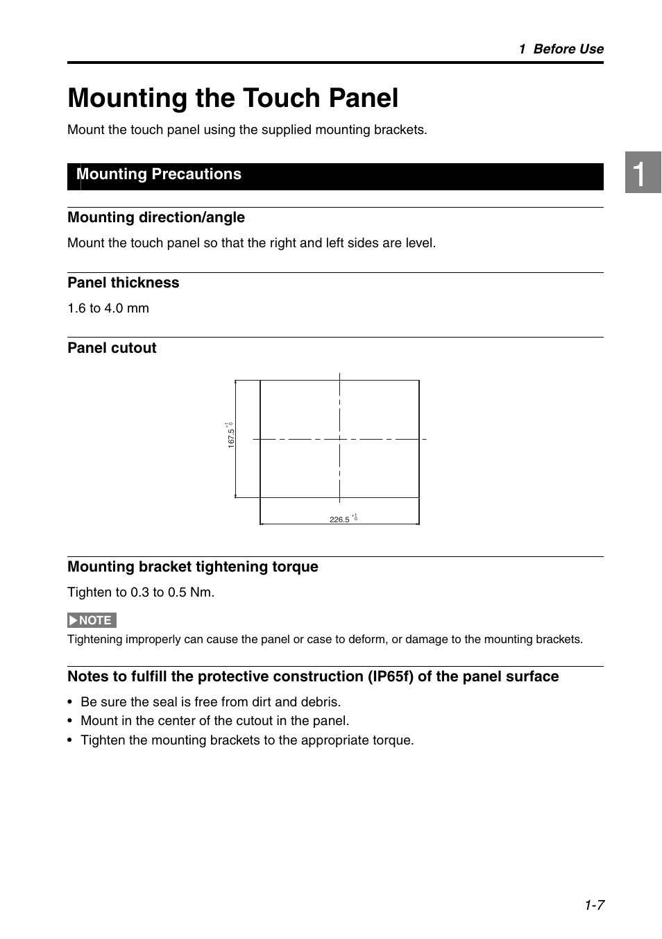 Mounting the touch panel, Mounting precautions, Mounting the touch panel -7 | Mounting precautions -7 | KEYENCE LK-HD1001 User Manual | Page 13 / 62