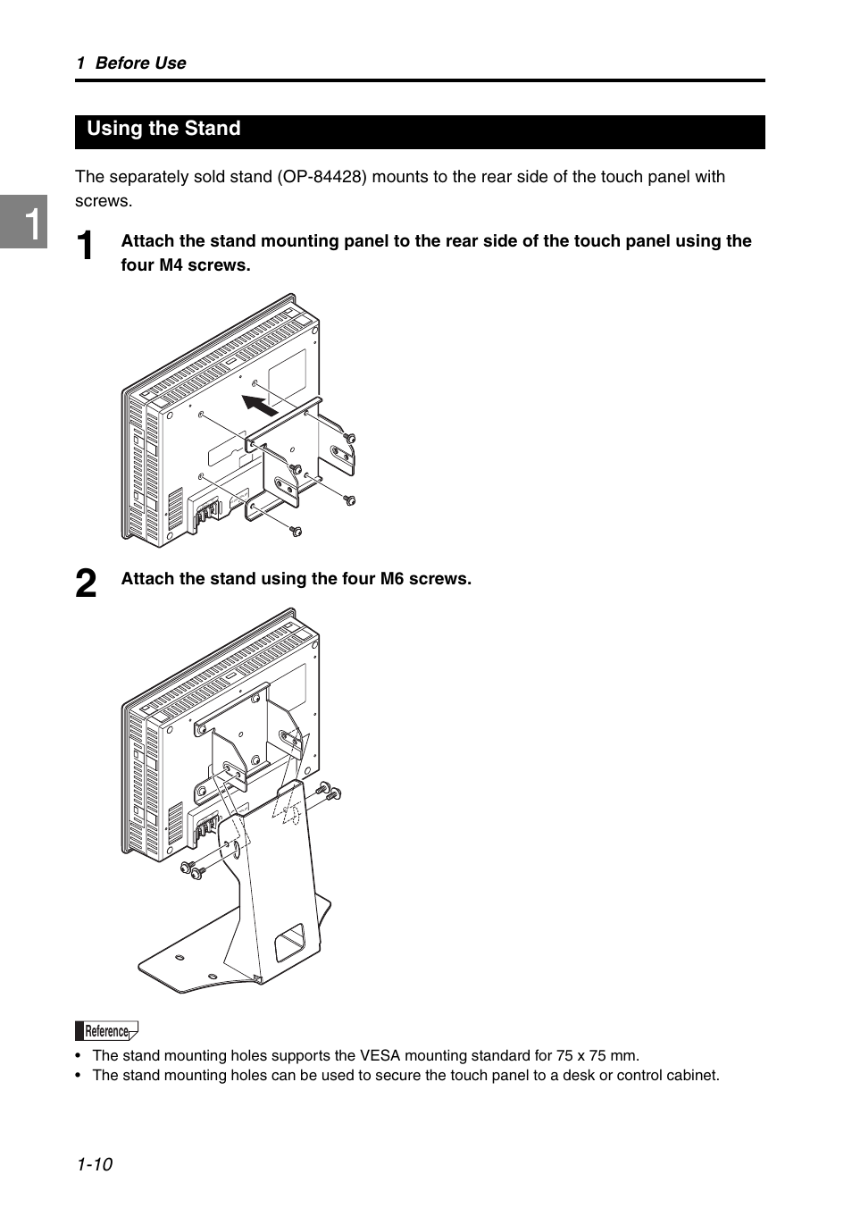 Using the stand, Using the stand -10, 1 before use | Attach the stand using the four m6 screws | KEYENCE LK-HD1001 User Manual | Page 16 / 62