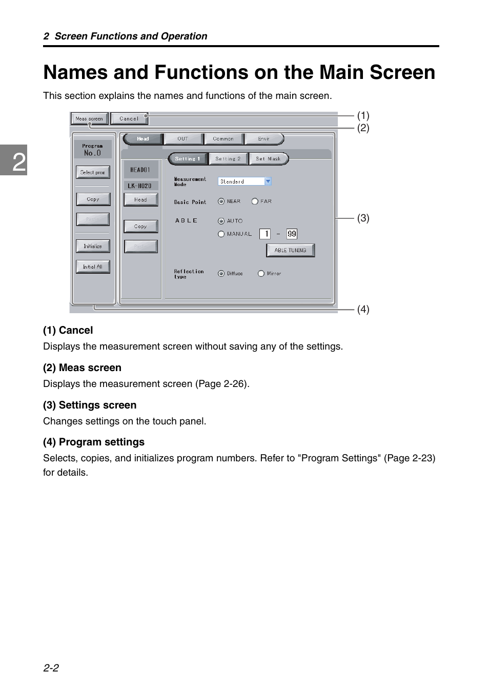 Names and functions on the main screen, Names and functions on the main, Screen -2 | KEYENCE LK-HD1001 User Manual | Page 20 / 62