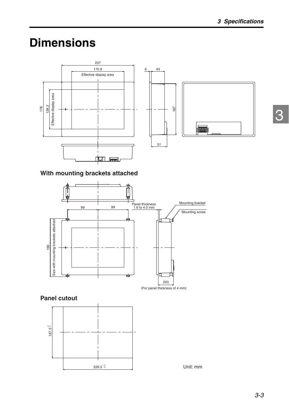 Dimensions, Dimensions -3, With mounting brackets attached panel cutout | 3 specifications | KEYENCE LK-HD1001 User Manual | Page 49 / 62