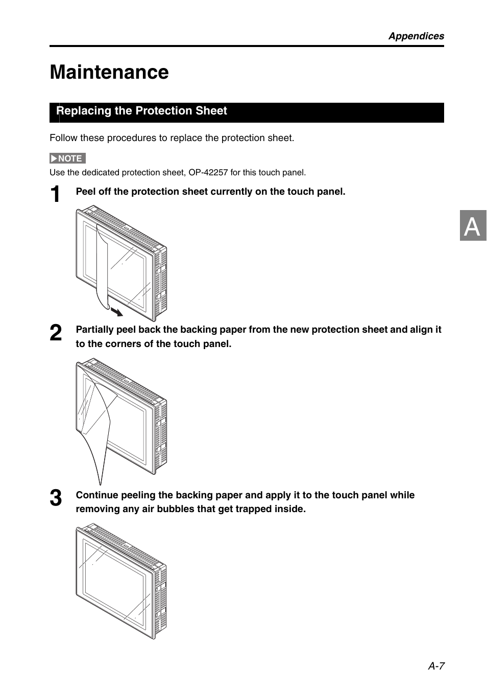 Maintenance, Replacing the protection sheet, Replacing the protection sheet ..... a-7 | KEYENCE LK-HD1001 User Manual | Page 57 / 62