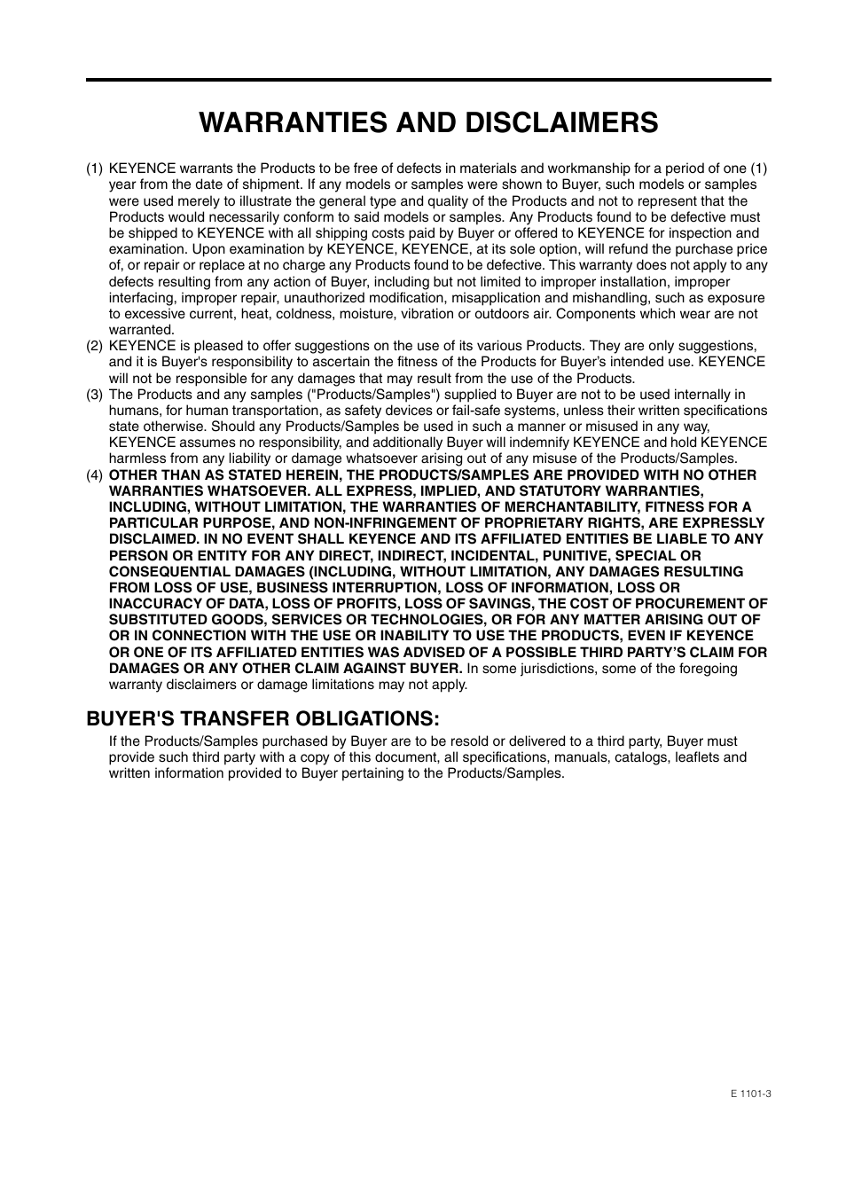 Warranties and disclaimers, Buyer's transfer obligations | KEYENCE LK-HD1001 User Manual | Page 61 / 62