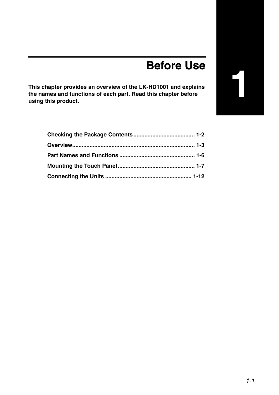 Chapter 1 before use, Chapter 1, Before use | KEYENCE LK-HD1001 User Manual | Page 7 / 62