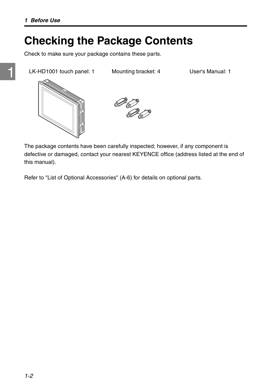 Checking the package contents, Checking the package contents -2 | KEYENCE LK-HD1001 User Manual | Page 8 / 62