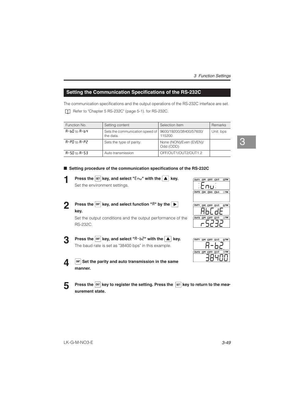 Setting the communication, Specifications of the rs-232c -49 | KEYENCE LK-G Series User Manual | Page 107 / 198
