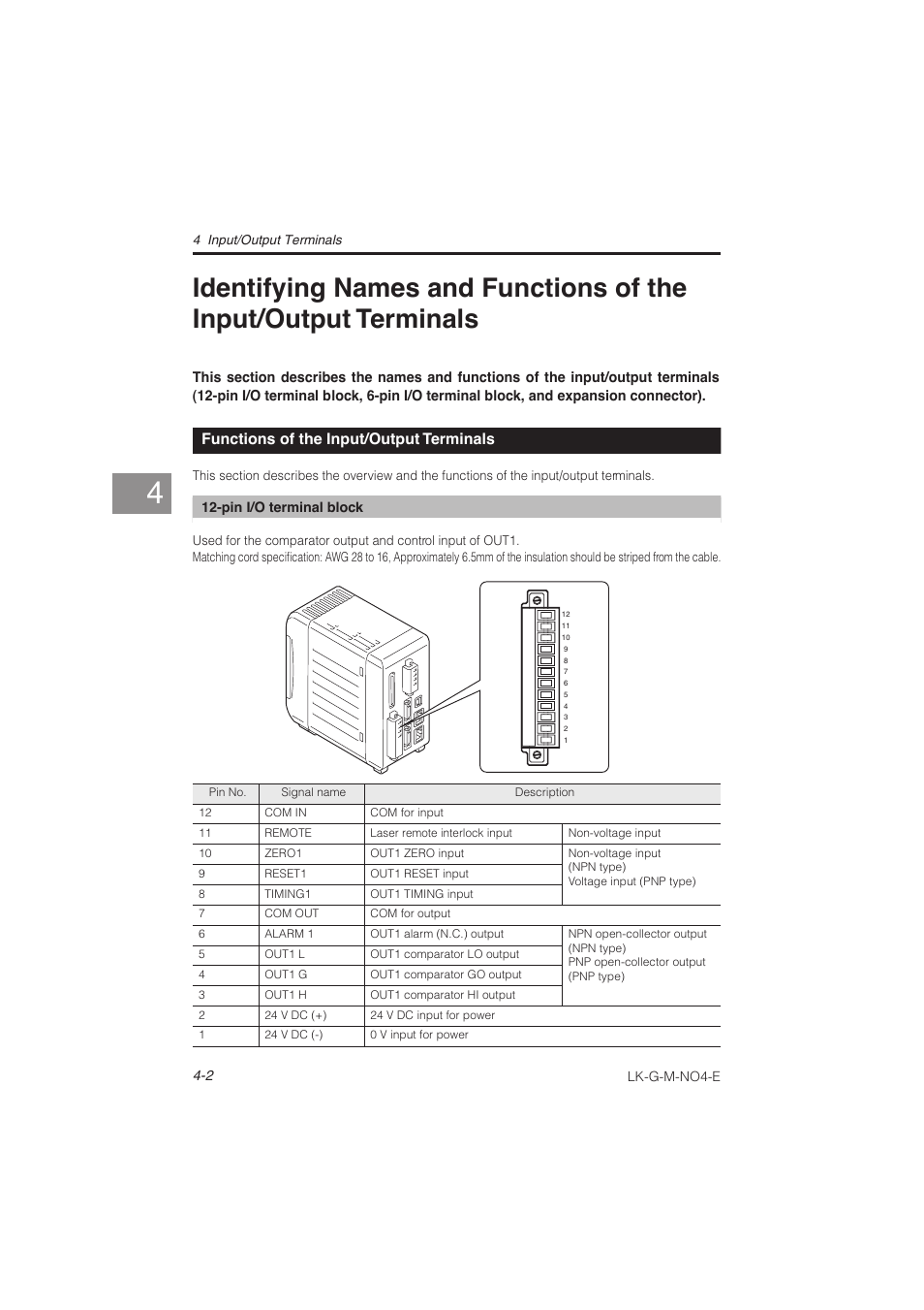 Functions of the input/output terminals, Identifying names and functions of the, Input/output terminals -2 | Functions of the input, Output terminals -2 | KEYENCE LK-G Series User Manual | Page 114 / 198