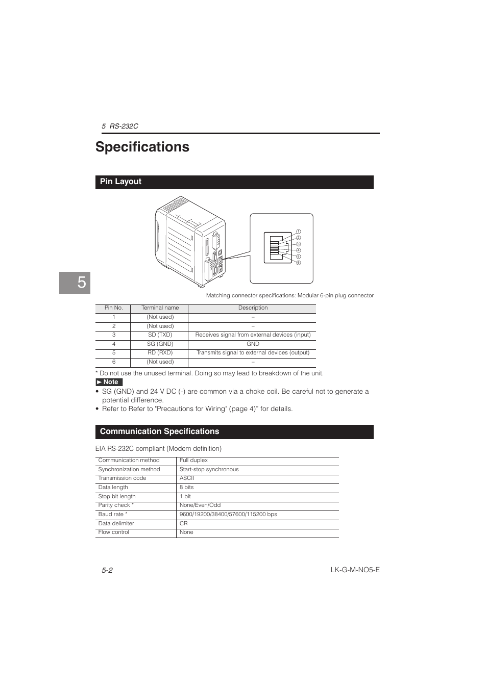 Specifications, Pin layout, Communication specifications | Specifications -2, Pin layout -2, Communication specifications -2 | KEYENCE LK-G Series User Manual | Page 132 / 198