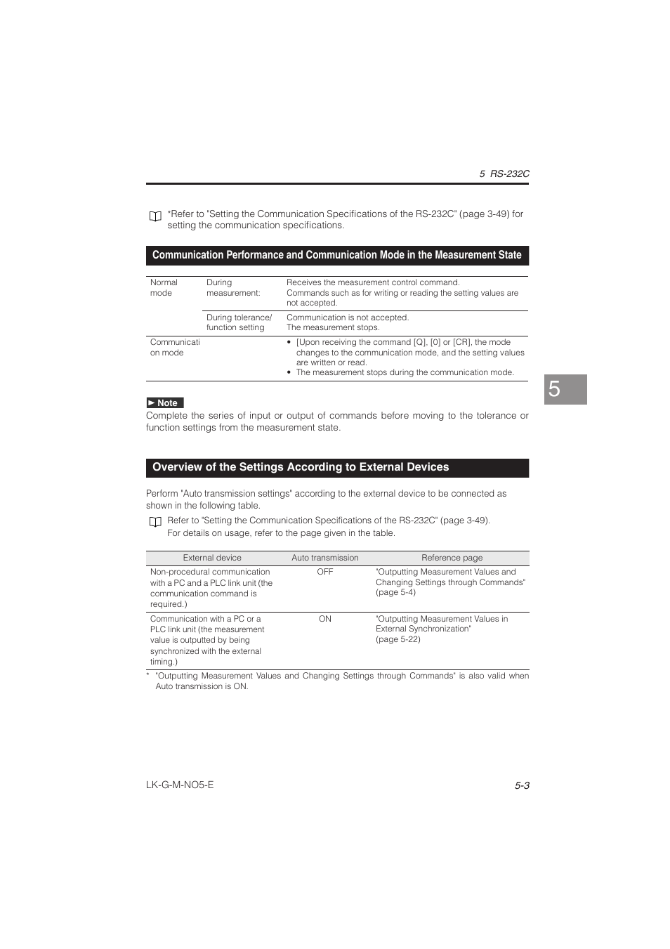 Communication performance and, Communication mode in the, Measurement state -3 | Overview of the settings according to, External devices -3 | KEYENCE LK-G Series User Manual | Page 133 / 198