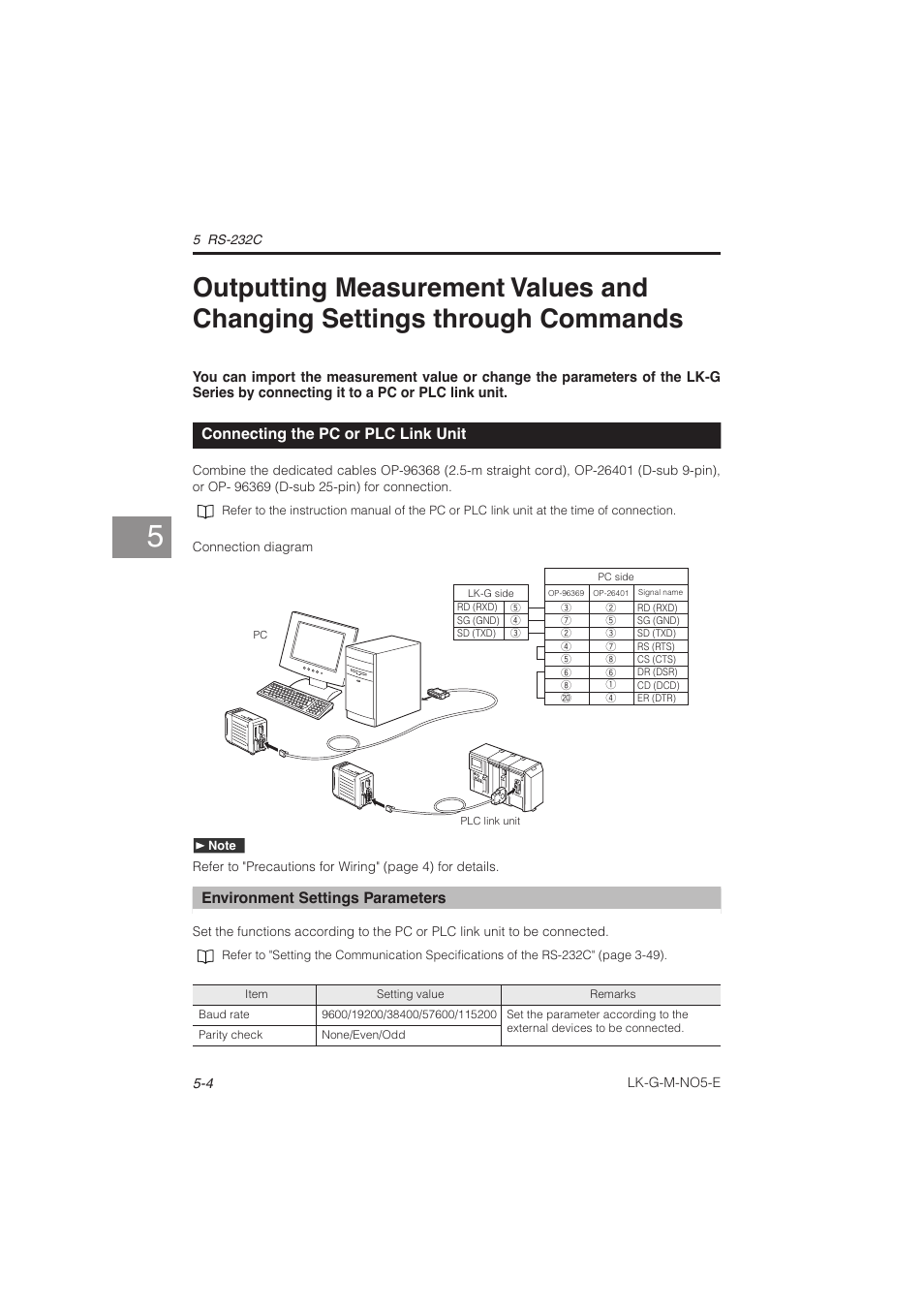 Connecting the pc or plc link unit, Outputting measurement values and, Changing settings through commands -4 | Connecting the pc or plc link unit5-4 | KEYENCE LK-G Series User Manual | Page 134 / 198