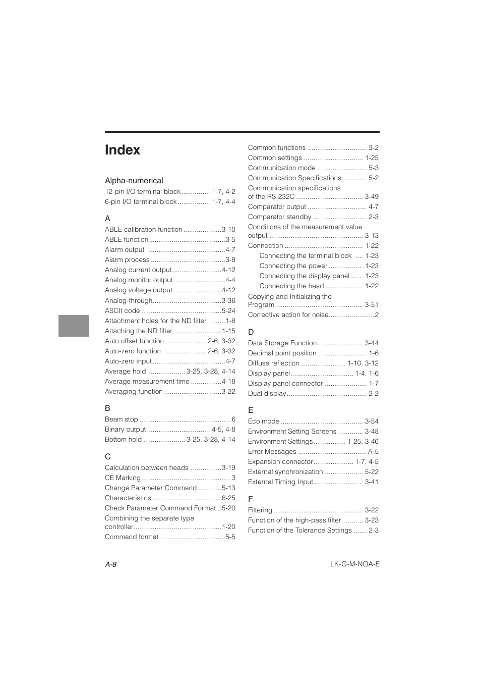 Index | KEYENCE LK-G Series User Manual | Page 192 / 198