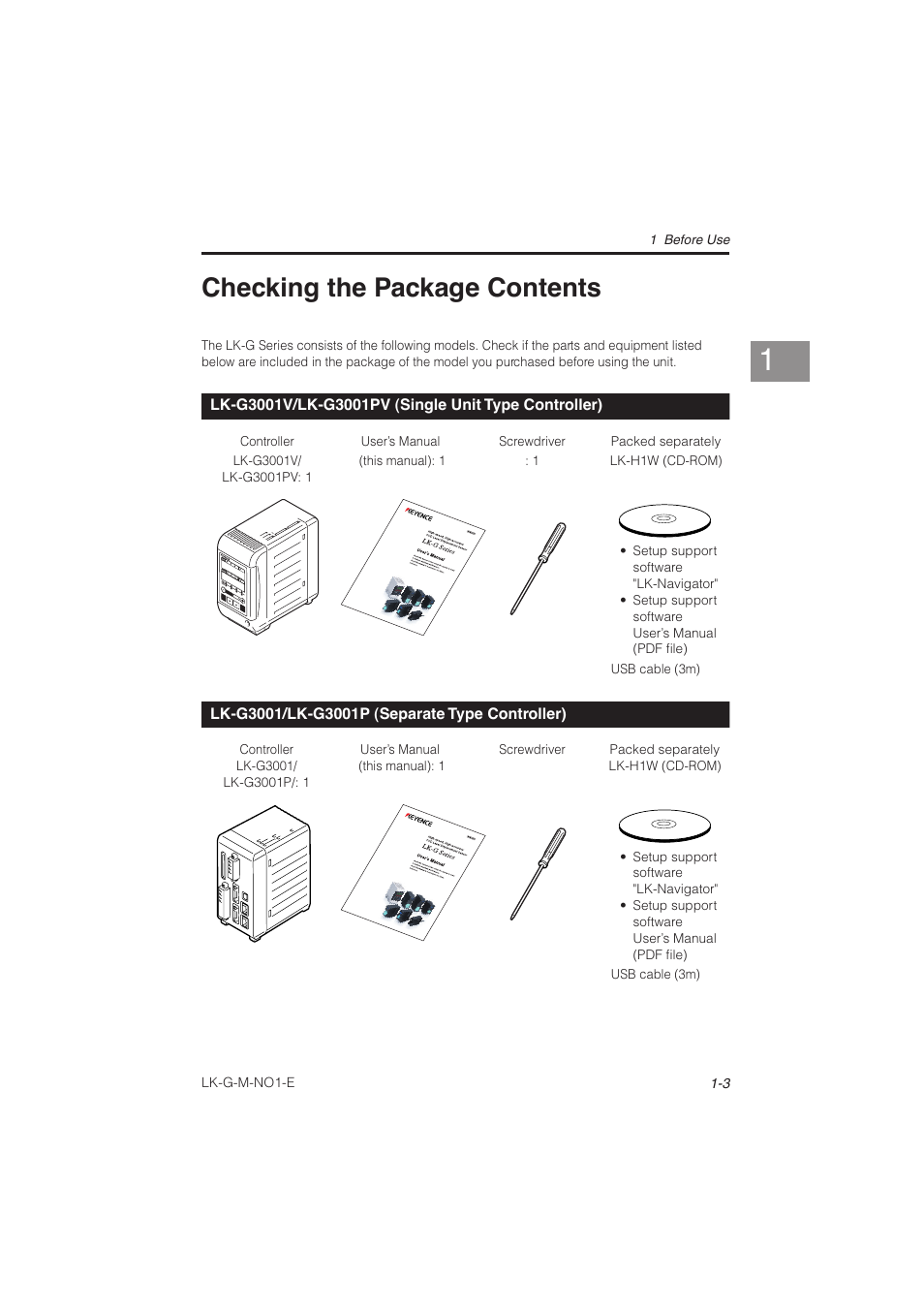 Checking the package contents, Lk-g3001v/lk-g3001pv (single unit type controller), Lk-g3001/lk-g3001p (separate type controller) | Checking the package contents -3, Lk-g3001v/lk-g3001pv, Single unit type controller) -3, Lk-g3001/lk-g3001p, Separate type controller) -3 | KEYENCE LK-G Series User Manual | Page 23 / 198