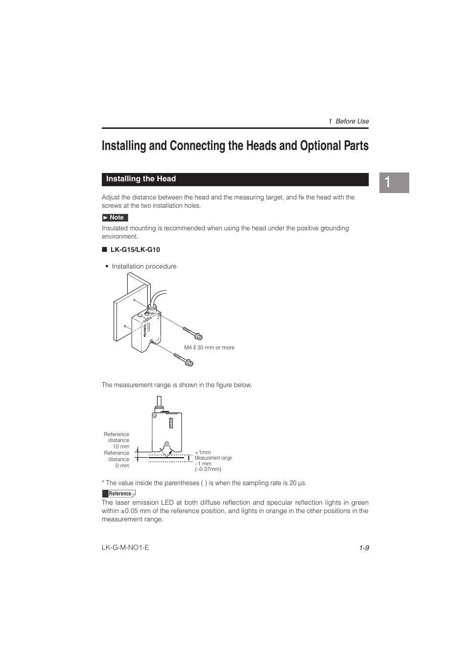 Installing the head, Installing and connecting the heads and, Optional parts -9 | Installing the head -9 | KEYENCE LK-G Series User Manual | Page 29 / 198