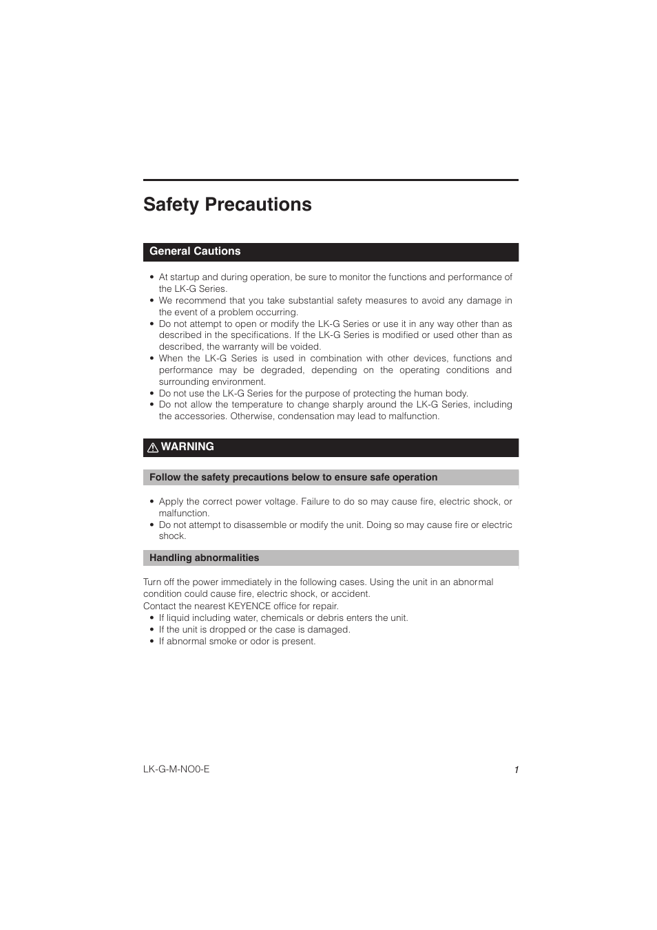 Safety precautions, General cautions, Warning | KEYENCE LK-G Series User Manual | Page 3 / 198