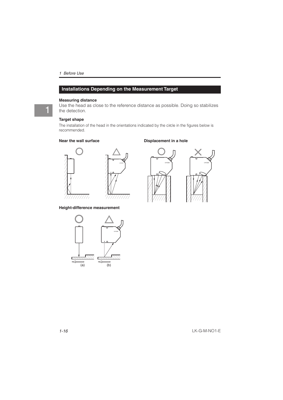 Installations depending on the measurement target, Installations depending on the, Measurement target -16 | KEYENCE LK-G Series User Manual | Page 36 / 198