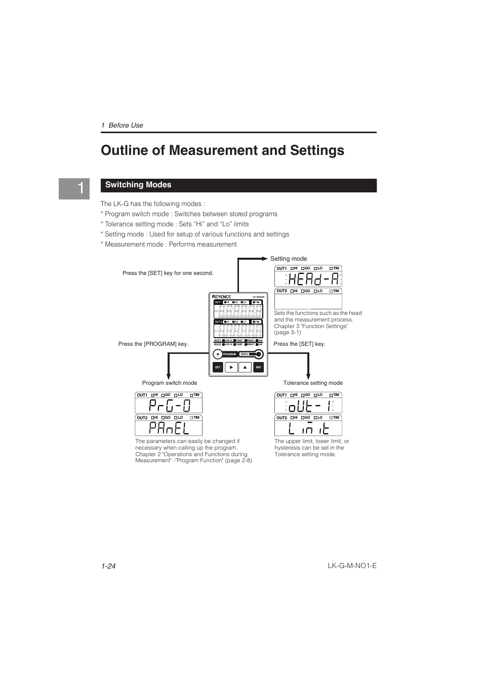 Outline of measurement and settings, Switching modes, Outline of measurement and settings 1-24 | Switching modes -24, Outline of measurement and settings -24, Lk-g-m-no1-e | KEYENCE LK-G Series User Manual | Page 44 / 198