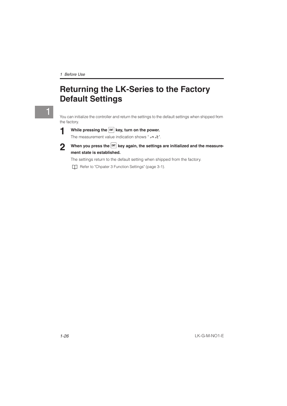 Returning the lk-series to the factory, Default settings -26 | KEYENCE LK-G Series User Manual | Page 46 / 198