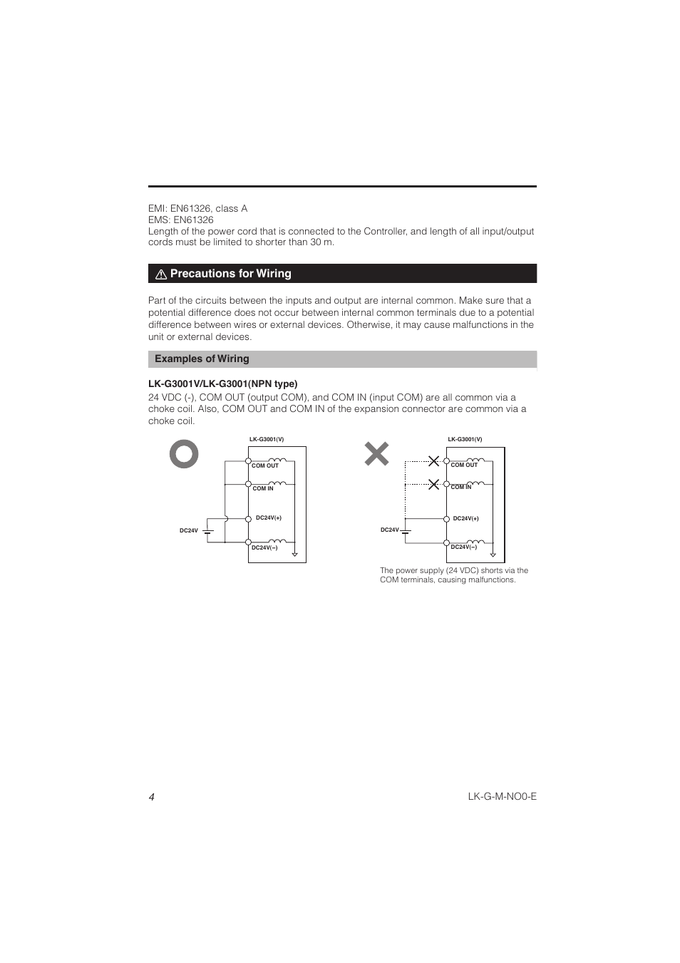 Precautions for wiring, 4lk-g-m-no0-e, Examples of wiring | KEYENCE LK-G Series User Manual | Page 6 / 198