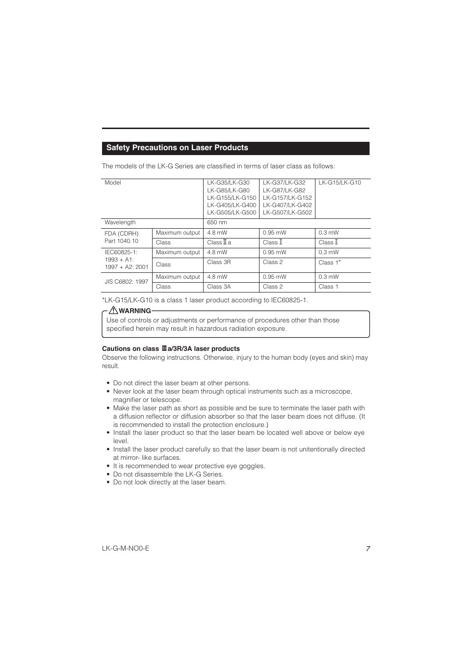 Safety precautions on laser products | KEYENCE LK-G Series User Manual | Page 9 / 198