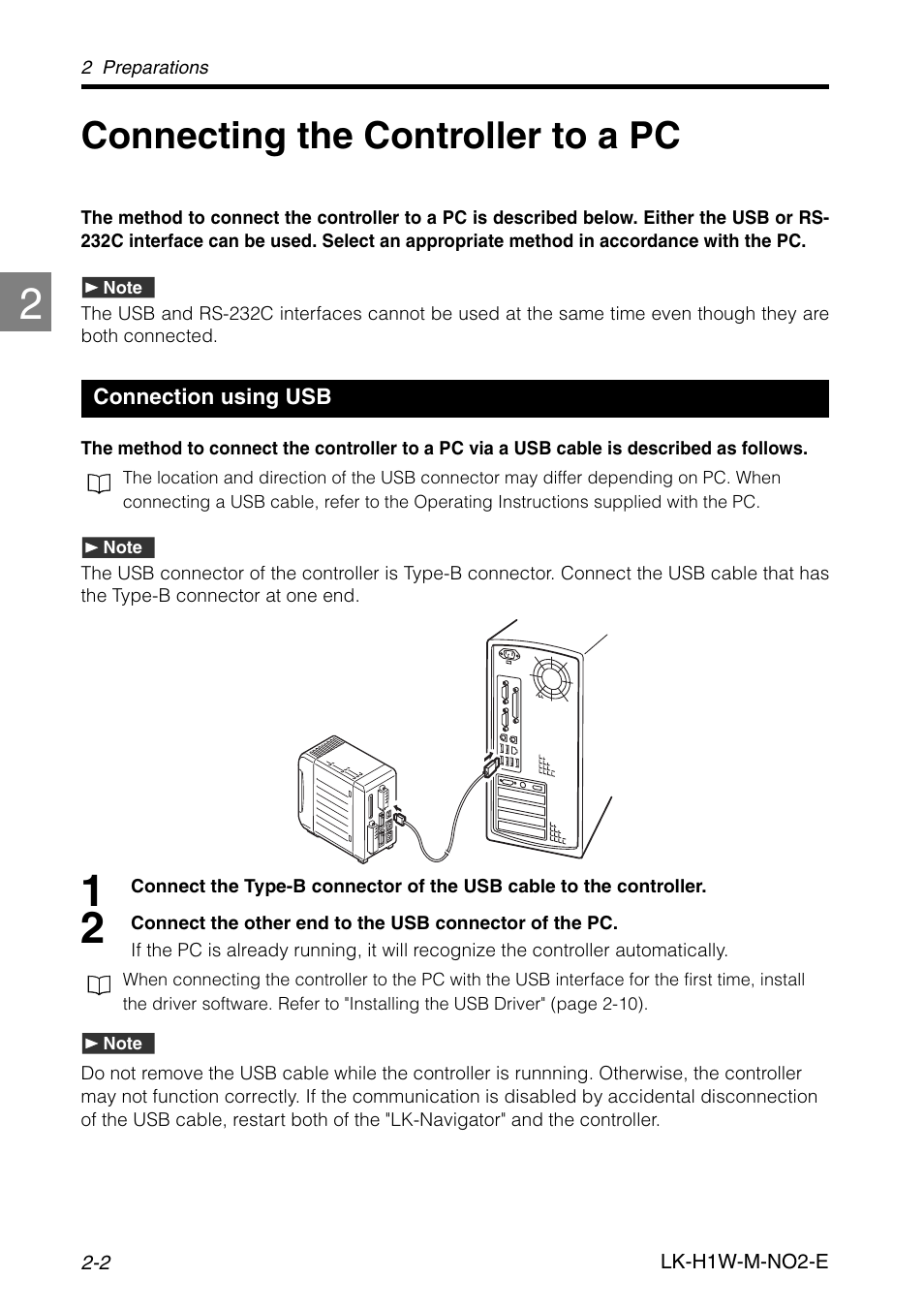 Connecting the controller to a pc, Connection using usb, Connecting the controller to a pc -2 | Connection using usb -2 | KEYENCE LK-H1W User Manual | Page 14 / 84