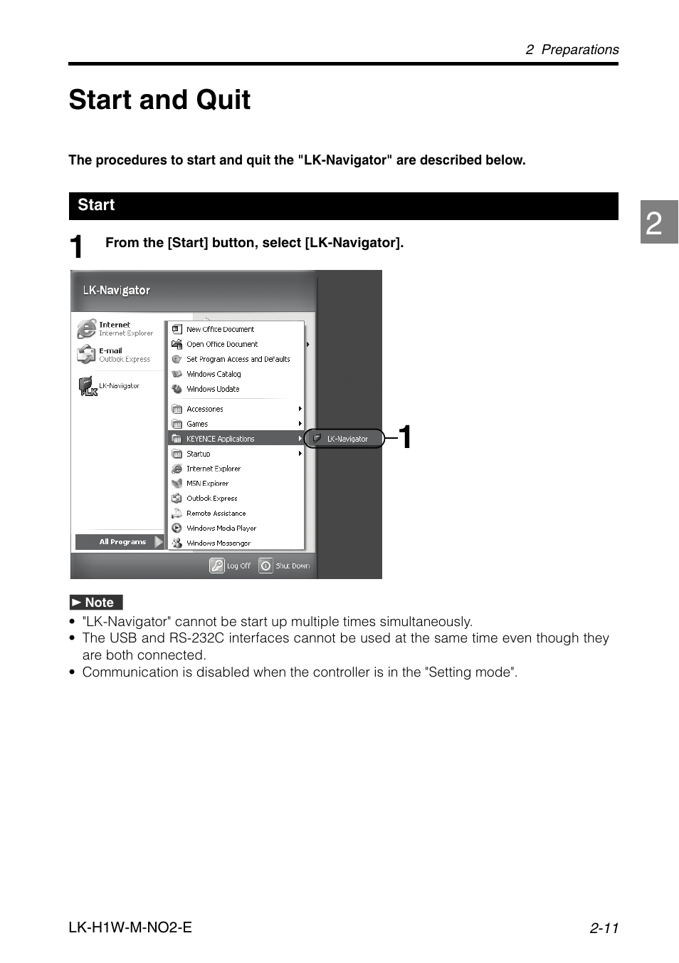 Start and quit, Start, Start and quit -11 | Start -11 | KEYENCE LK-H1W User Manual | Page 23 / 84