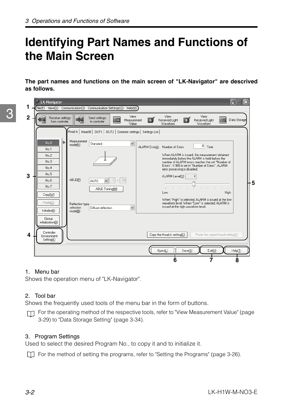 Identifying part names and functions of the, Main screen -2 | KEYENCE LK-H1W User Manual | Page 30 / 84