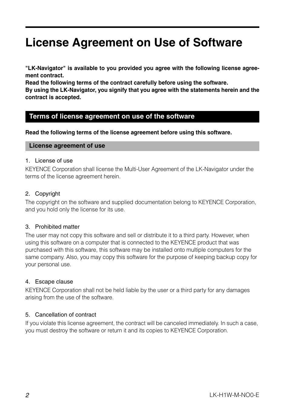 License agreement on use of software, Terms of license agreement on use of the software | KEYENCE LK-H1W User Manual | Page 4 / 84