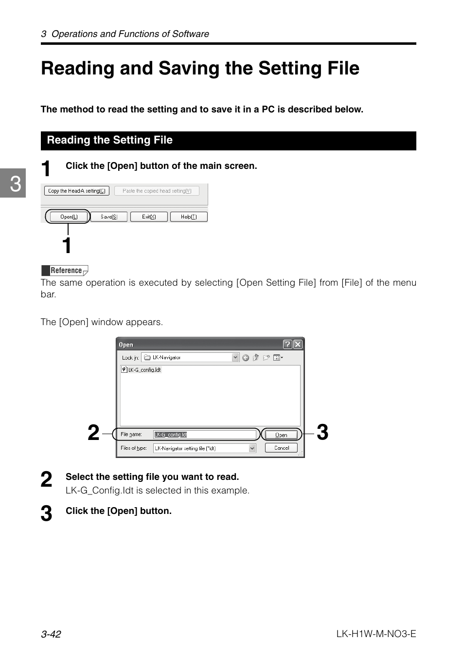 Reading and saving the setting file, Reading the setting file, Reading and saving the setting file . 3-42 | Reading the setting file -42, Reading and saving the setting file -42 | KEYENCE LK-H1W User Manual | Page 70 / 84