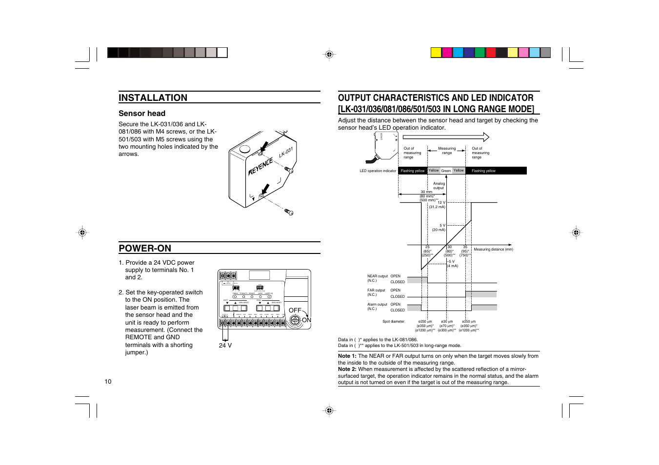 Power-on, 12 3 high auto gain low 0 mon(v) mon(ma), Installation | Sensor head | KEYENCE LK-2000 Series User Manual | Page 10 / 28