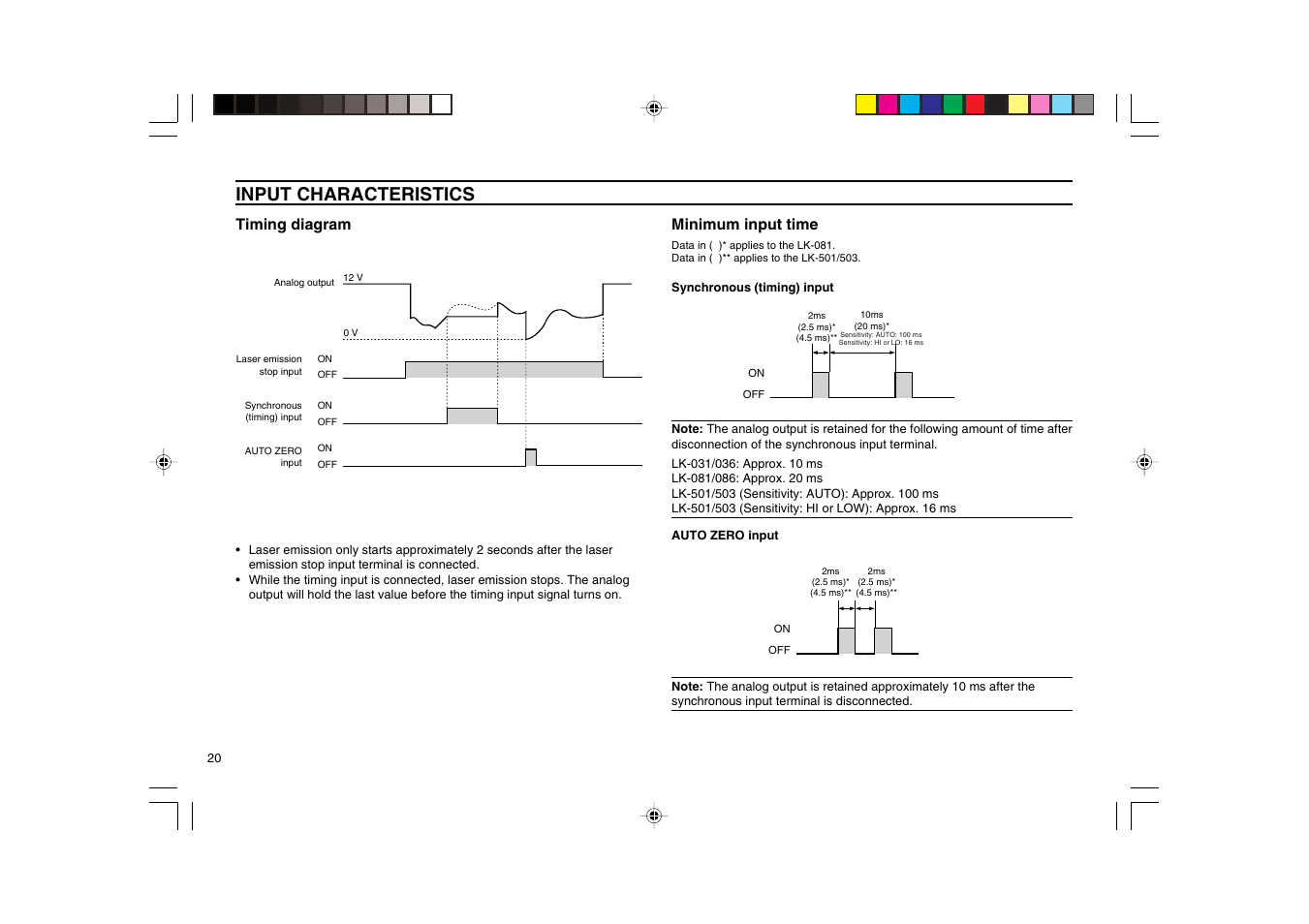 Input characteristics, Timing diagram, Minimum input time | KEYENCE LK-2000 Series User Manual | Page 20 / 28