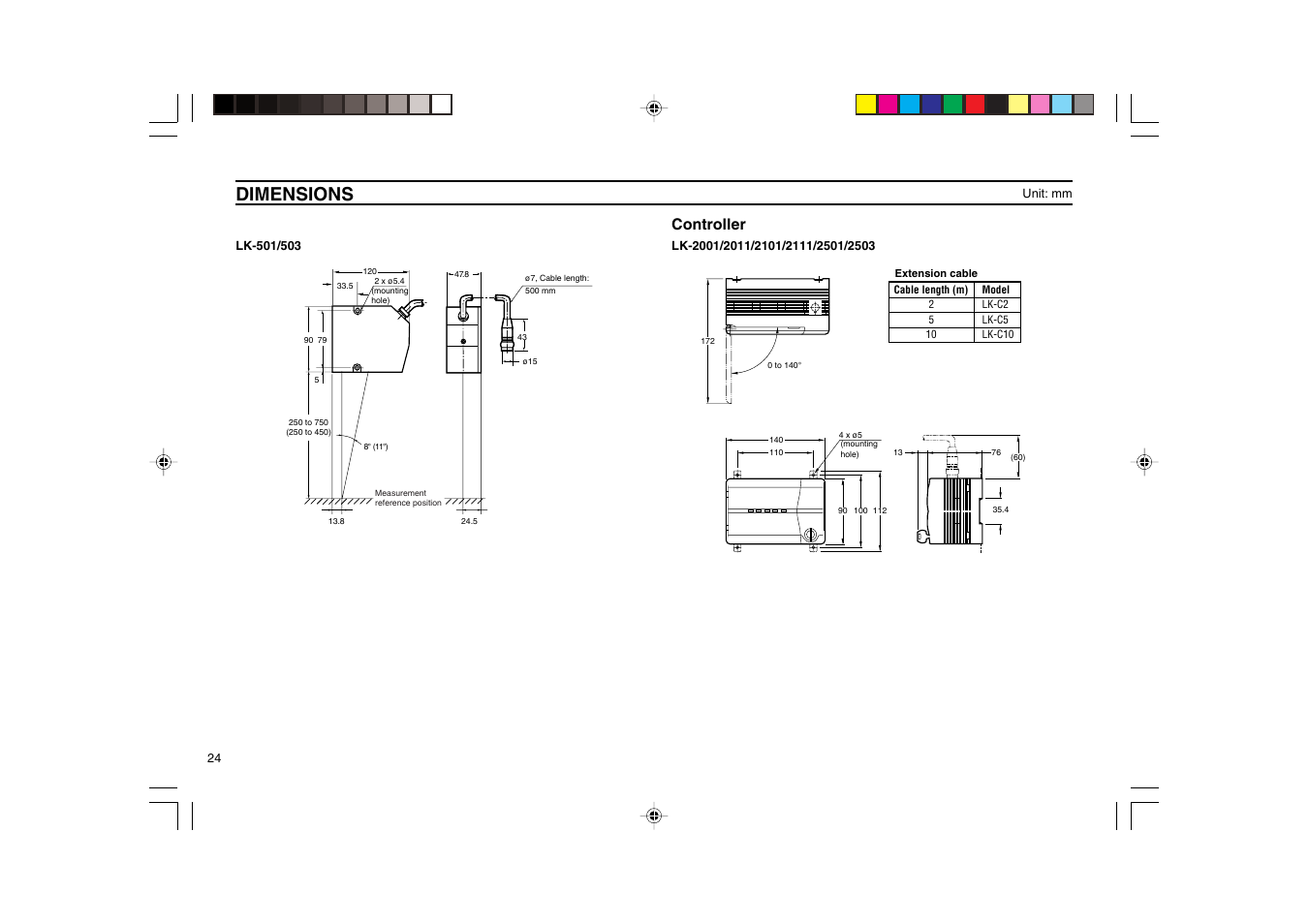 Dimensions, Controller | KEYENCE LK-2000 Series User Manual | Page 24 / 28
